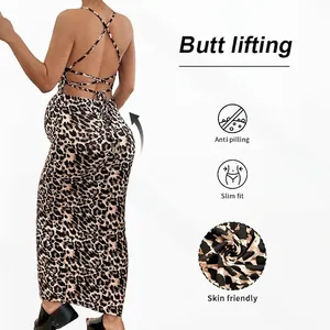 Slim fit leopard print backless maxi dress with crisscross straps and butt lifting effect