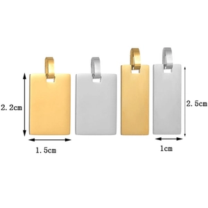 Detail view of rectangular stainless steel pendants in gold and silver showing dimensions