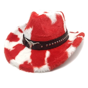 Red and white cow print plush western cowboy hat with studded leather band and bull emblem