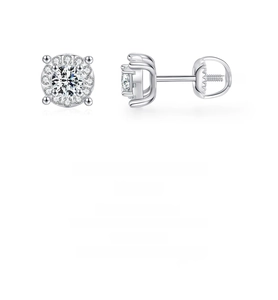 Macro detail of S925 sterling silver moissanite stud earrings with secure screw back closure
