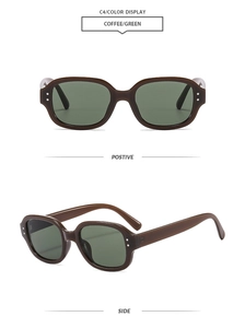 Front and side view of vintage coffee rectangle sunglasses with green lenses and silver rivets