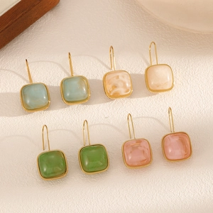 Square Resin Dangle Earrings Stainless Steel Ear Hook Geometric Retro Vintage Style Jewelry For Women Minimalist