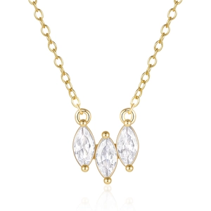 Detail of three marquise-cut clear zircons on a delicate gold-plated 18k necklace