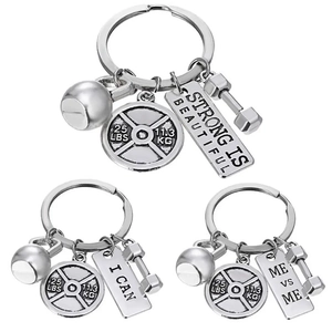 Motivational Fitness Gym Keychain Alloy Silver Strength Training Weightlifting Pendant Kettlebell Barbell Dumbbell Key Ring Gift For Sports Lovers