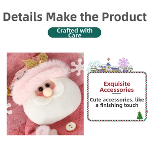 Detail of pink sequined Santa Claus Christmas gift bag with plush fur trim and felt snowflakes