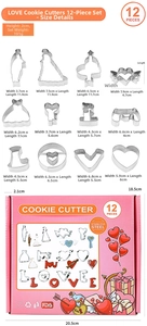 Size chart for 12-piece stainless steel cookie cutters showing exact dimensions and weight
