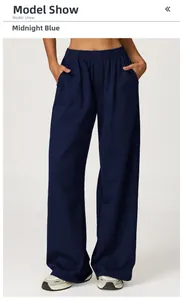 Detail showing high-waisted midnight blue wide-leg sweatpants with side pocket and elastic waist
