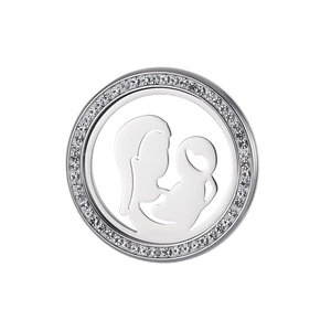 Silver stainless steel mother and child pendant necklace with double row rhinestone border