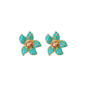 Vintage gold flower earrings with turquoise beads and pink rhinestones on white background