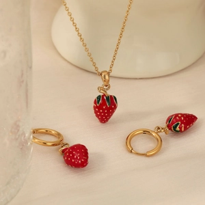 Cute stainless steel strawberry jewelry set with gold necklace and enamel drop earrings