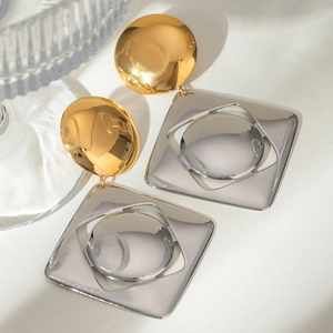 Two-tone gold circle and silver square hollow geometric earrings in stainless steel