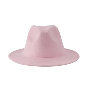 Front view of a light pink wool fedora hat featuring a classic pinch crown and flat brim