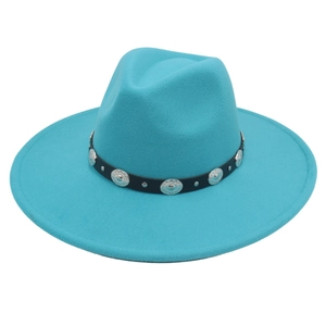 Detail of teal wool fedora hat with black leather band and silver bohemian metal studs
