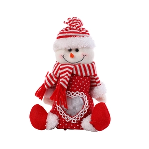 Christmas snowman plush apple gift bag with red striped scarf and heart window design