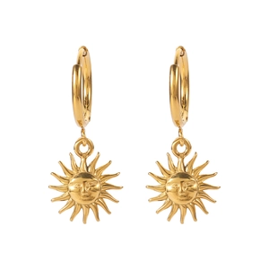 French vintage 18k gold plated sun pendant hoop earrings with embossed face design