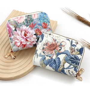 Floral Print Card Holder Double Zipper PU Leather RFID Blocking Accordion Coin Purse Women Portable Flower Pattern Small