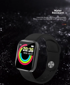 Waterproof smart watch detail showing square black screen on dark rock with water drops