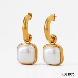 Elegant stainless steel gold hoop earrings featuring a square pearl pendant on white background