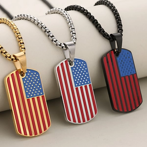 Set of three stainless steel American flag military dog tag pendants in gold silver and black