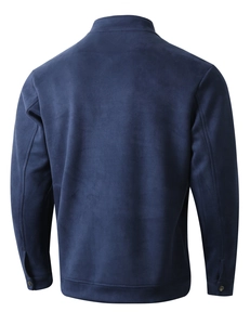 Rear view of navy blue slim fit jacket with faux suede texture and stand-up collar