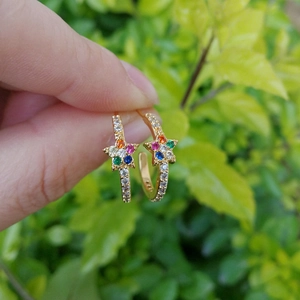 Close-up of gold-plated star earrings with colorful cubic zirconia held against greenery