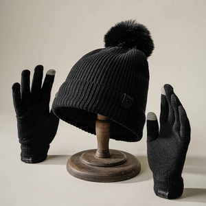 Knit Beanie Hat And Touchscreen Gloves Warm Thermal Acrylic With Faux Fur Pom Pom Fleece Lined Winter Accessories