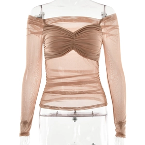 Close-up of ruched sheer mesh off-shoulder long sleeve top in elegant champagne pink