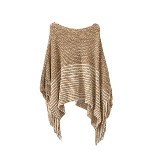 Knit chenille striped poncho wrap with fringe hem and off-shoulder neckline in brown and beige