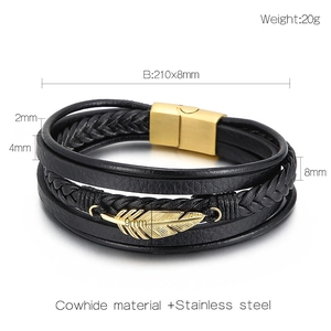 Detail view of multi-layer leather bracelet with stainless steel feather charm and dimensions