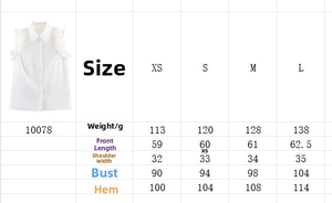 Detailed size chart for sleeveless shirt showing measurements for XS to L sizes