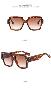 Detailed front and side views of leopard print square sunglasses with gradient tea lenses
