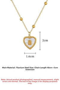 Detail of V-letter heart pendant in titanium steel with dimensions and length labels