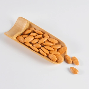 Realistic faux almond nuts in a bamboo scoop for prop window display or photography decor