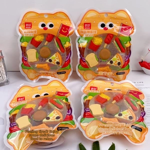 Close-up of burger cat-themed food eraser sets with fries and pizza shapes