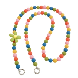 Colorful beaded phone strap with floral charm and silver metal ring clasp on white background