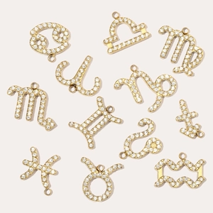 Set of 12 gold plated stainless steel zodiac pendants with inlaid zircon crystals