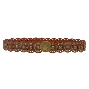 Western punk brown leather belt with metal eyelets and vintage bronze round buckle