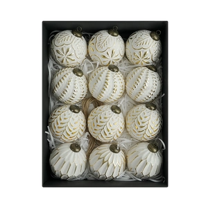 Set of 12 elegant white and gold Christmas ball ornaments in a premium black gift box
