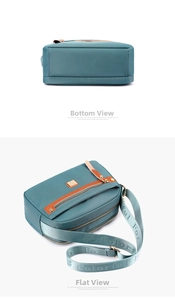 Detail of blue nylon crossbody bag featuring multi-layer zippers and logo webbing strap