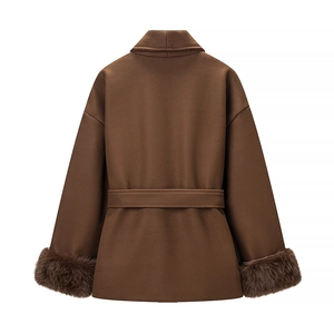 Back view of brown cropped wool coat featuring fur trim cuffs and a matching waist belt