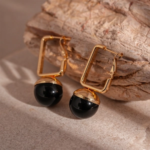 Retro Geometric Drop Earrings Iron Frame Black Resin Bead Silver Earring Post For Women Vintage Dark Style