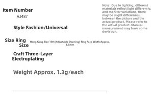 Detailed size chart for the adjustable pentagram ring with 6.5mm width and plating details