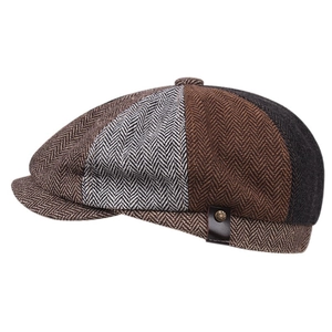 British style patchwork newsboy cap with herringbone pattern in vintage brown and grey