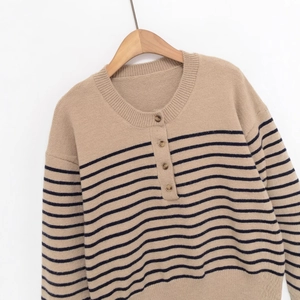 Striped crewneck knit sweater with henley button placket in khaki and navy blue