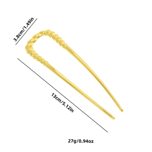 Gold metal U-shaped hair pin with beaded design and detailed dimensions 13cm x 3.8cm