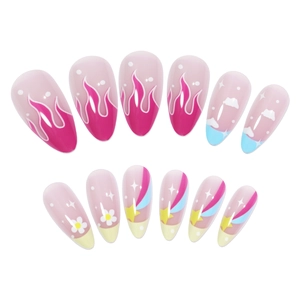 French medium-long almond fake nails with colorful star flame and flower art designs