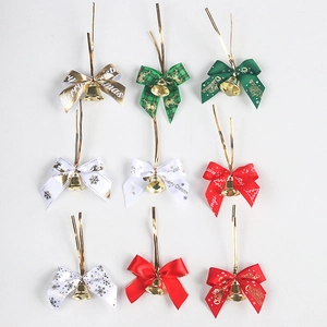 Set of 9 Christmas ribbon bows with gold bells and twist ties for tree decoration