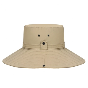 Khaki outdoor wide brim sun hat with quick-dry fabric and metal air vents for camping