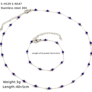 Detail view of 304 stainless steel necklace and bracelet set with dimensions and blue beads