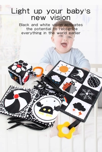 Detail of high-contrast black and white baby cloth book with teether ring and soft texture